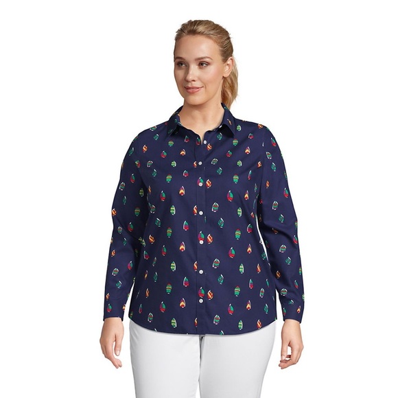 Lands' End Tops - Lands End No Iron Supima Button Front Shirt 18W Sailboat Print Navy Blue